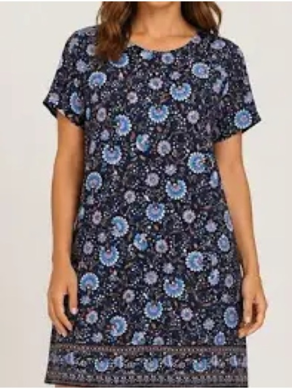 J. Jill Wearever Navy Blue Floral Knit Shift Dress Pockets Large short sleeve